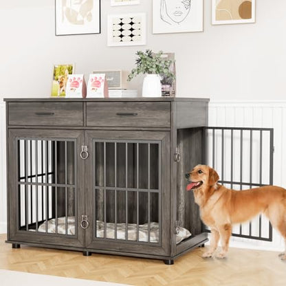 43.3" Large Dog Crate Furniture with 2 Drawers, Grey, view 5