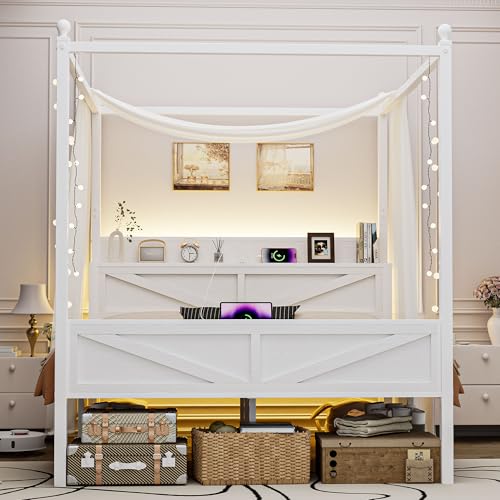 Queen Size Canopy Bed Frame with Barn Door Storage Headboard, Beige, view 2