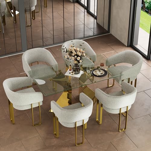 Boucle Dining Chairs Set of 12, Off White and Gold Dining Room Chairs with Arms for Kitchen, Luxury Side Chairs with U-Shaped Brushed Gold Metal Legs
