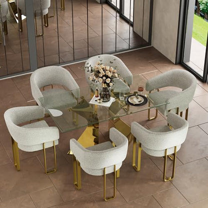 Boucle Dining Chairs Set of 12, Off White and Gold Dining Room Chairs with Arms for Kitchen, Luxury Side Chairs with U-Shaped Brushed Gold Metal Legs