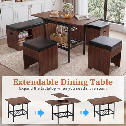 Extendable Breakfast Nook Table Set with Storage Benches & Stools, 6-Piece Corner Dining Table Set, Kitchen Nook Table Set with Glass Holder for Small Space, Indoor/Outdoor Use (Black+Walnut)