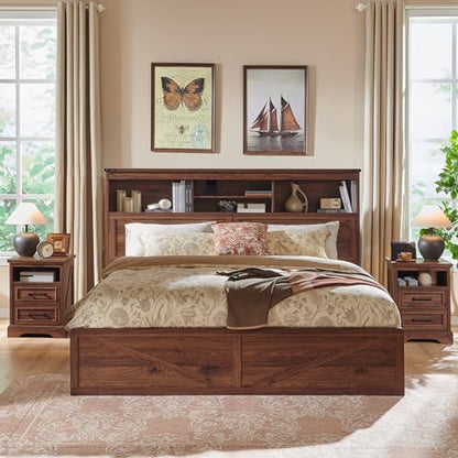 Brown Solid Wood Platform Bed Frame with Drawers and Lighting, view 4