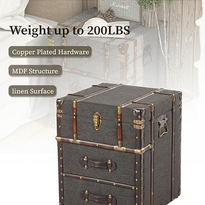 Vintage Storage Chest with Buckle Hinged Top, Linen Accent End Side Table for Living Room, Office, Bedroom, Rectangle, Grey