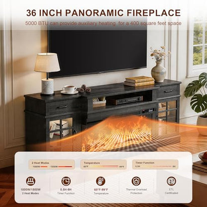 70" Fireplace TV Stand, 3-Sided Glass Fireplace and Modern Entertainment Center, view 4