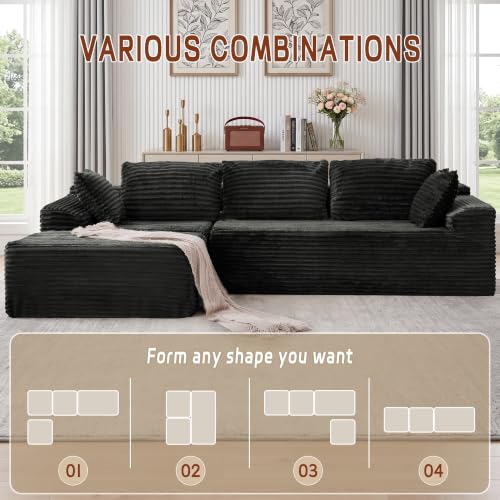 108" L-Shaped Modular Sectional Sofa with Chaise, Boneless Comfy Corduroy Fluffy Couch with Deep Seat and Side Pockets, Flexible Module Combination for Living Room, No Assembly, Side Pockets