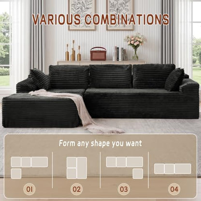108" L-Shaped Modular Sectional Sofa with Chaise, Boneless Comfy Corduroy Fluffy Couch with Deep Seat and Side Pockets, Flexible Module Combination for Living Room, No Assembly, Side Pockets