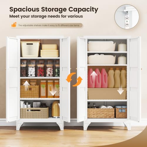 Metal Storage Cabinet with Doors and 3 Adjustable Shelves - 47" White Kitchen Pantry Storage Cabinet Locker for Kitchen,Living Room,Dining Room