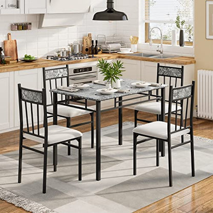 5 Piece Dining Table Set for 4, Faux Marble Kitchen Table and Chairs Set of 4, Vintage Rectangular Dining Room Table with Cushion Padded Seat, Metal and Wood Dining Set Kitchen Furniture, Grey