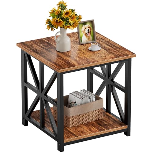 19.7 inch End Table with 2-Tier Storage Shelf for Living Room | Rustic Side Table for Bedroom,Sturdy X-shaped Metal Frame Nightstand,Scratch-resistant Sofa Table,Waterproof Top,Walnut