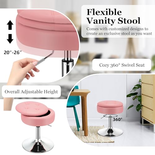 Adjustable Swivel Vanity Stool Set of 2, 360° Swivel 20"-26" Height Adjustable Tufted Round PU Leather Ottoman with Storage, Modern Accent Makeup Chair for Living Room Bedroom, Pink