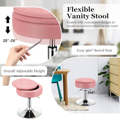 Adjustable Swivel Vanity Stool Set of 2, 360° Swivel 20"-26" Height Adjustable Tufted Round PU Leather Ottoman with Storage, Modern Accent Makeup Chair for Living Room Bedroom, Pink