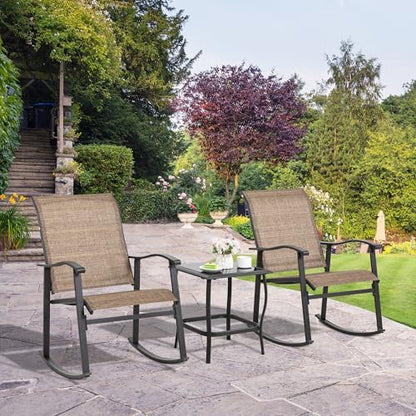 Rocking Chair Outdoor with Table, 3 Piece Rocking Patio Bistro Set, Outdoor Furniture Set with Metal Frame and Textilene Fabric for Small Space, Brown