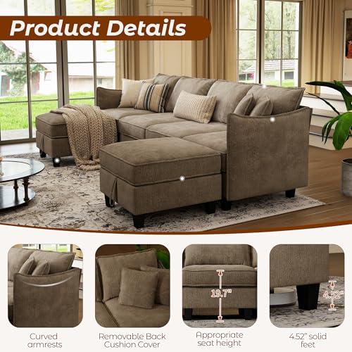 112" Modular Sectional Sofa U Shape Couches with Storage Ottoman and Washable Cushion Cover for Living Room, Bedroom, Apartment(Brown)