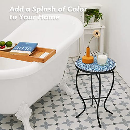 Mosaic Side Table and Plant Stand, 21" Round End Table with 14" Ceramic Tile Top, Indoor & Outdoor Accent Table, Porch Patio Furniture, Entryway & Coffee Table for Home & Garden, Blue Mandala
