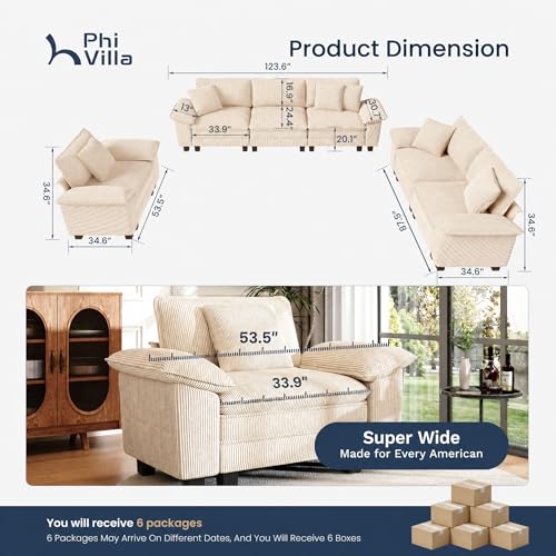 Cloud Modular Couches Sets, 3 Pieces Large Sectional Sofa Set with Loveseats & Armchair, 6-Seater Upholstered Couch for Living Room, Corduroy Fabric, Beige