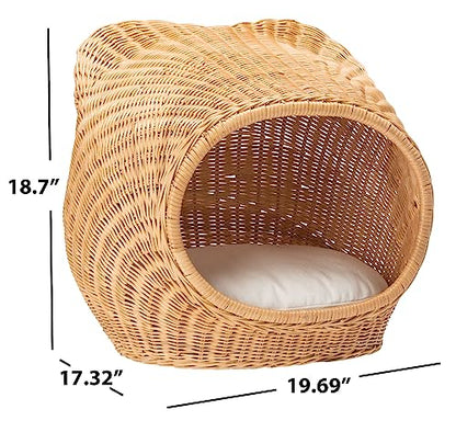 SAFAVIEH Home Collection Toru Honey Rattan/White Cushion Dome Cat Bed