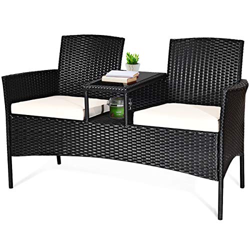 Wicker Patio Conversation Furniture Set, Outdoor Furniture Set with Removable Cushions & Table, Tempered Glass Top, Modern Rattan Bench for Garden Lawn Backyard (White)