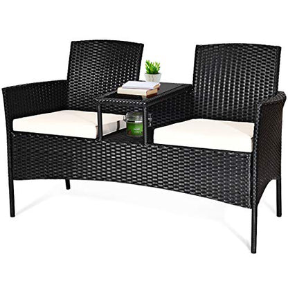 Wicker Patio Conversation Furniture Set, Outdoor Furniture Set with Removable Cushions & Table, Tempered Glass Top, Modern Rattan Bench for Garden Lawn Backyard (White)