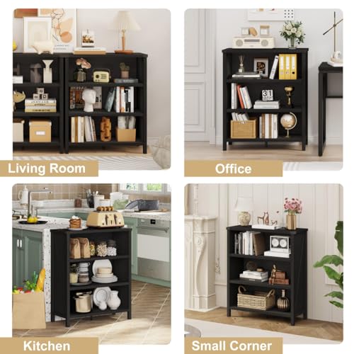 Small Black Bookshelf, 3 Tier Short Book Shelf, Farmhouse Bookcase Storage Organizer, Wooden Book Cases for Small Space, Office, Bedroom, Living Room, Apartment (Black Oak)