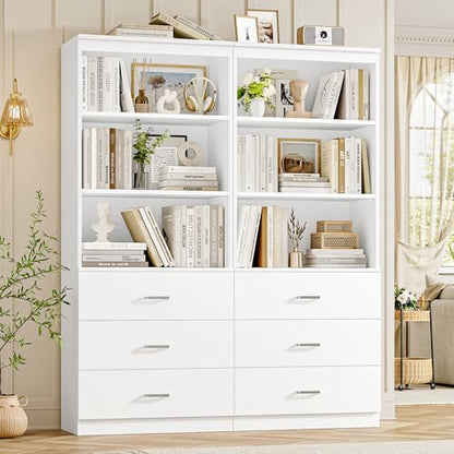 71" H White Bookshelf with Drawers, Bookshelf and Bookcase with 3-Tier Open Shelves, Tall Bookshelf Tall Storage Cabinet for Home Office
