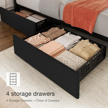 King Size Bed Frame, Linen Bed Frame with 4 Storage Drawers, Black, view 4