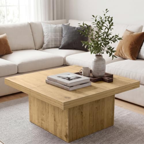 Light Walnut 35.5 Inch Square Coffee Table, Modern Organic Farmhouse Coffee Table for Living Room, Engineered Wood with Eco-Friendly Laminate Veneer Center Table, Block Base