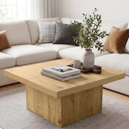 Light Walnut 35.5 Inch Square Coffee Table, Modern Organic Farmhouse Coffee Table for Living Room, Engineered Wood with Eco-Friendly Laminate Veneer Center Table, Block Base