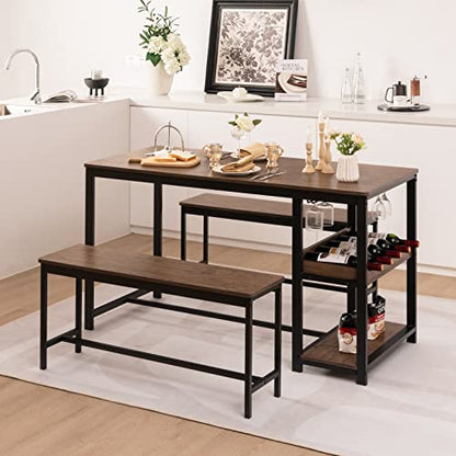 Dining Table Set for 4, 3-Piece 55" L Kitchen Table Set w/ 2 Benches, Breakfast Table w/ 5-Bottle Wine Rack & Glass Holder, Space-Saving Dinette Set for Dining Room, Kitchen, Apartment