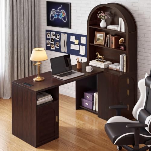 63 inch L-Shaped Desk with Arched Hutch Bookshelf, Dark Walnut, view 5