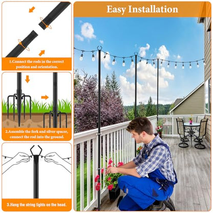 2 Pack String Light Poles,10 Ft Light Poles for Outside String Lights,Outdoor Lights Pole with Fork,Metal Poles Stand for Patio Deck Backyard (10FT 2 Pack)