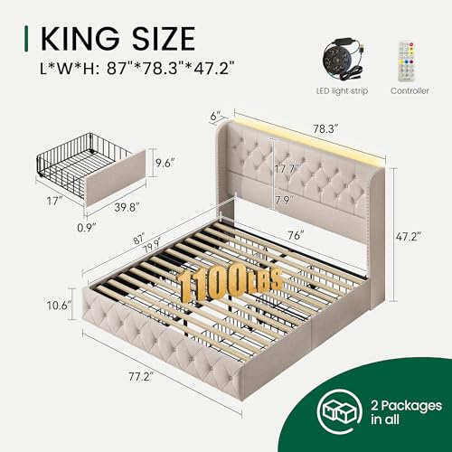 King Size Bed Frame with LED Lights and 4 Storage Drawers Linen Upholstered, view 3