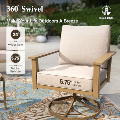Patio Furniture Set 7-Piece, Metal Outdoor Conversation Set with Wood Grain Finish, 2 x Leg Chair, 2 x Swivel Chair, 1 x 3-Seat Sofa, 2 x Multi-Functional Coffee Table Garden Deck Lawn