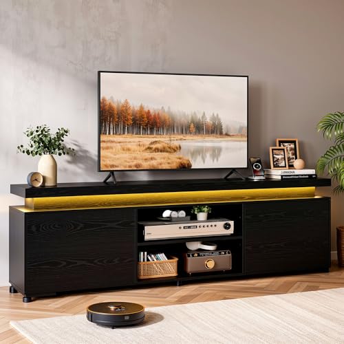 TV Stand for 85 inch TV, TV Console with LED Lights and Power Outlet, Long Entertainment Center with Cabinets and Storage Shelves, TV Stand Black for Bedroom Living Room