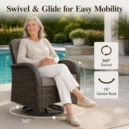 3-Piece Wicker Patio Furniture Set, Swivel Rocking Chairs, Brown/Grey | PE wicker, steel frame, 5mm tempered glass table, 4-inch cushions, 360-degree swivel, 250lbs capacity, garden use