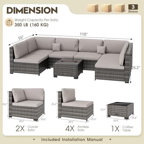 7 Piece Patio Outdoor Furniture Set, Outdoor Sectional, All-Weather Hand-Woven Wicker Patio Sectional Sofa, Rattan Outside Furniture with Grey Cushion and Glass Coffee Table