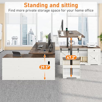 63" Farmhouse L Shaped Electric Standing Desk with Sliding Door Storage, Height Adjustable Sit Stand Corner Computer Desk with Power Outlets, Drawers & Cup Holder for Home Office, White