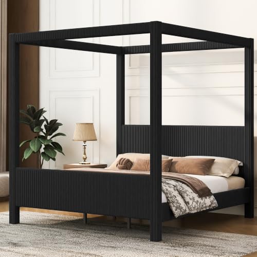 King Canopy Bed Frame with Upholstered Headboard and Footboard Black, view 4