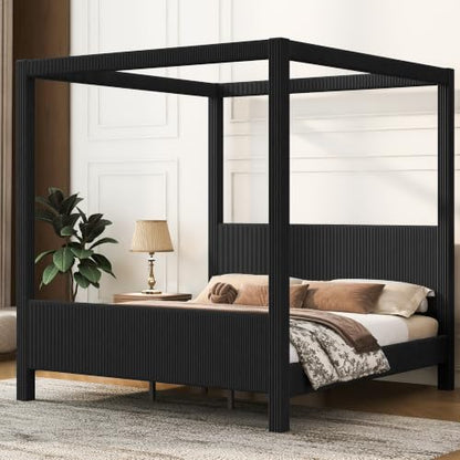 King Canopy Bed Frame with Upholstered Headboard and Footboard Black, view 4