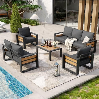 Aluminum Patio Furniture Set, 5 Piece Luxury Outdoor Sectional with 6" Olefin Fabric Cushions, Patio Conversation Sets with Coffee Table and Waterproof Cover for Backyard, Porch Dark Grey