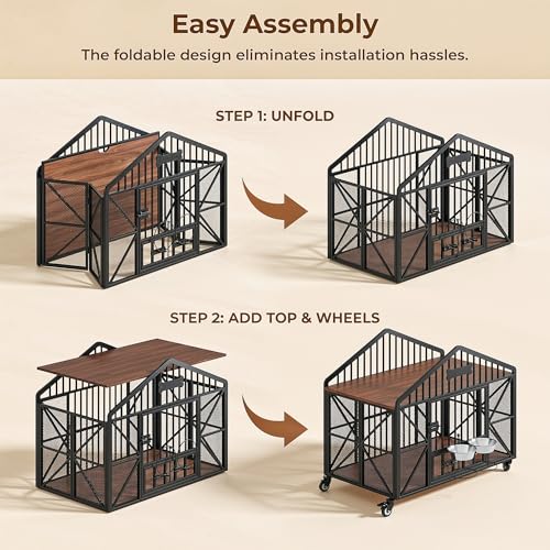 41.5" Foldable Dog Crate Furniture with 5 Wheels & Adjustable Bowls, view 3