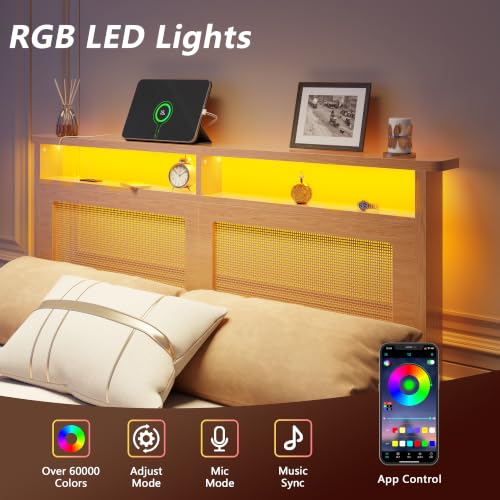 Boho Full Bed Frame with Rattan Headboard, LED, Charging & Storage, view 4