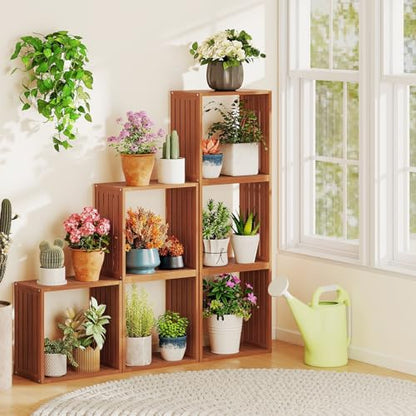 6 Cube Bookcases, Solid Wood Stacking Storage Organizers w/Open Slatted Design, Multifunctional DIY 6-Cube Shelving for Indoor Outdoor Use, Living Room, Bedroom, Balcony, Yard