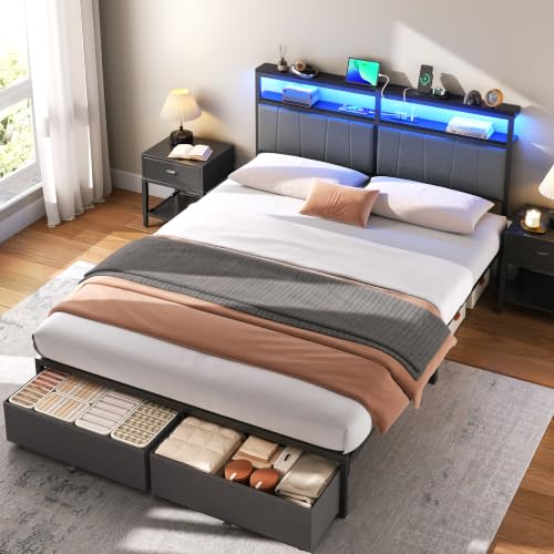 Queen Bed Frame with Storage Drawers and Charging Station, Grey, view 8