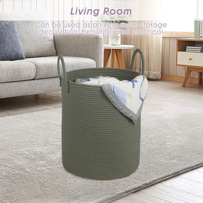 Large Laundry Basket,Laundry Hamper,15''x18'' Cotton Rope Storage Basket with Handles,baby hamper,Nursery Blanket Storage Living Room,toy basket,kids laundry(Green)