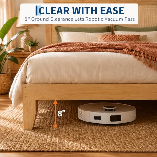 GAOMON Full Size Wood Bed Frame with LED Light and Rattan Headboard, view 5