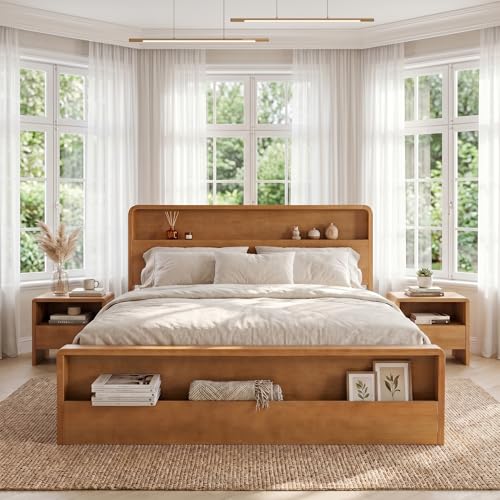 King Solid Wood Platform Bed with Open Storage Headboard, Light Brown, view 2