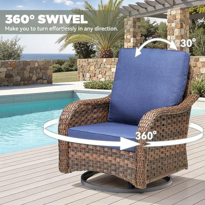2 PCS Patio Swivel Rocking Chairs, Outdoor Wicker Furniture with 4-Inch Thick Olefin Cushions, 300 lbs Capacity Swivel Rocker Chairs with Curved Armrests for Porch, Garden, Backyard, Blue