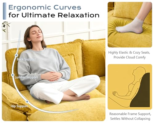 112" Oversized Modular Sectional Sofa U-Shaped Corner Cloud Couch with Ottoman, Convertible Deep Seat Chenille Couch for Living Room, Spacious Space (Yellow, 4 Seater)
