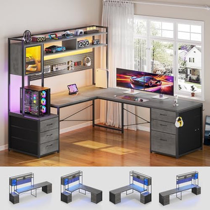 L Shaped Gaming Desk with Drawers, Reversible Computer Corner Desk with File Drawer, Hutch, Storage Shelves for Home Office, Gaming Two Person Desk with Led Lights, Power Outlet, Grey
