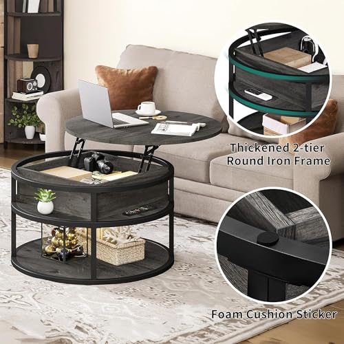 Round Lift Top Coffee Tables for Living Room | Lift Top Design, Dining Table with Hidden Compartment, 2-Tier Storage, Farmhouse Style, for Living Room, Easy Assembly